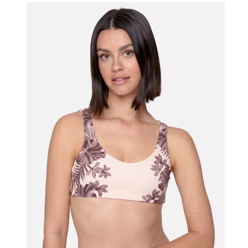 Hurley Hawaiian Lei Max STRP Bikini Top Peach Brown Floral  Large NEW